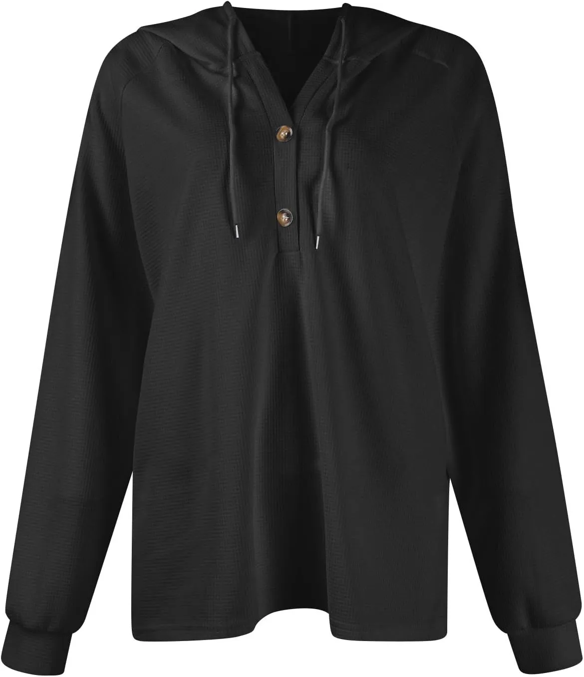 Women's Long Sleeve Waffle Knit Drawstring Hoodies Fashion Button V-Neck Casual Hooded Sweatshirts Fall Trendy Outfits