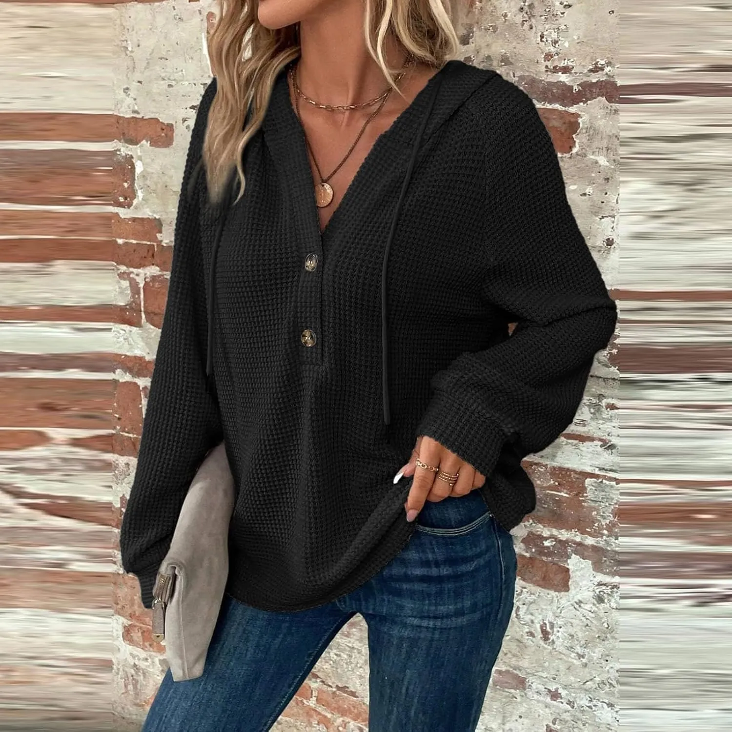 Women's Long Sleeve Waffle Knit Drawstring Hoodies Fashion Button V-Neck Casual Hooded Sweatshirts Fall Trendy Outfits