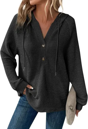 Women's Long Sleeve Waffle Knit Drawstring Hoodies Fashion Button V-Neck Casual Hooded Sweatshirts Fall Trendy Outfits