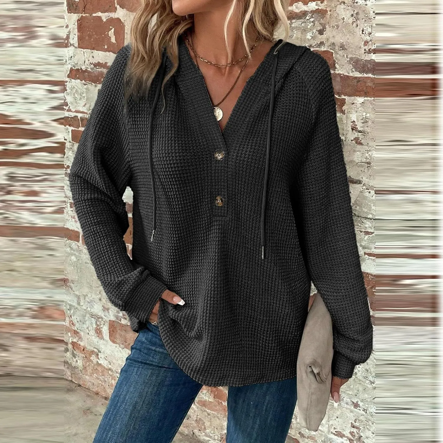 Women's Long Sleeve Waffle Knit Drawstring Hoodies Fashion Button V-Neck Casual Hooded Sweatshirts Fall Trendy Outfits