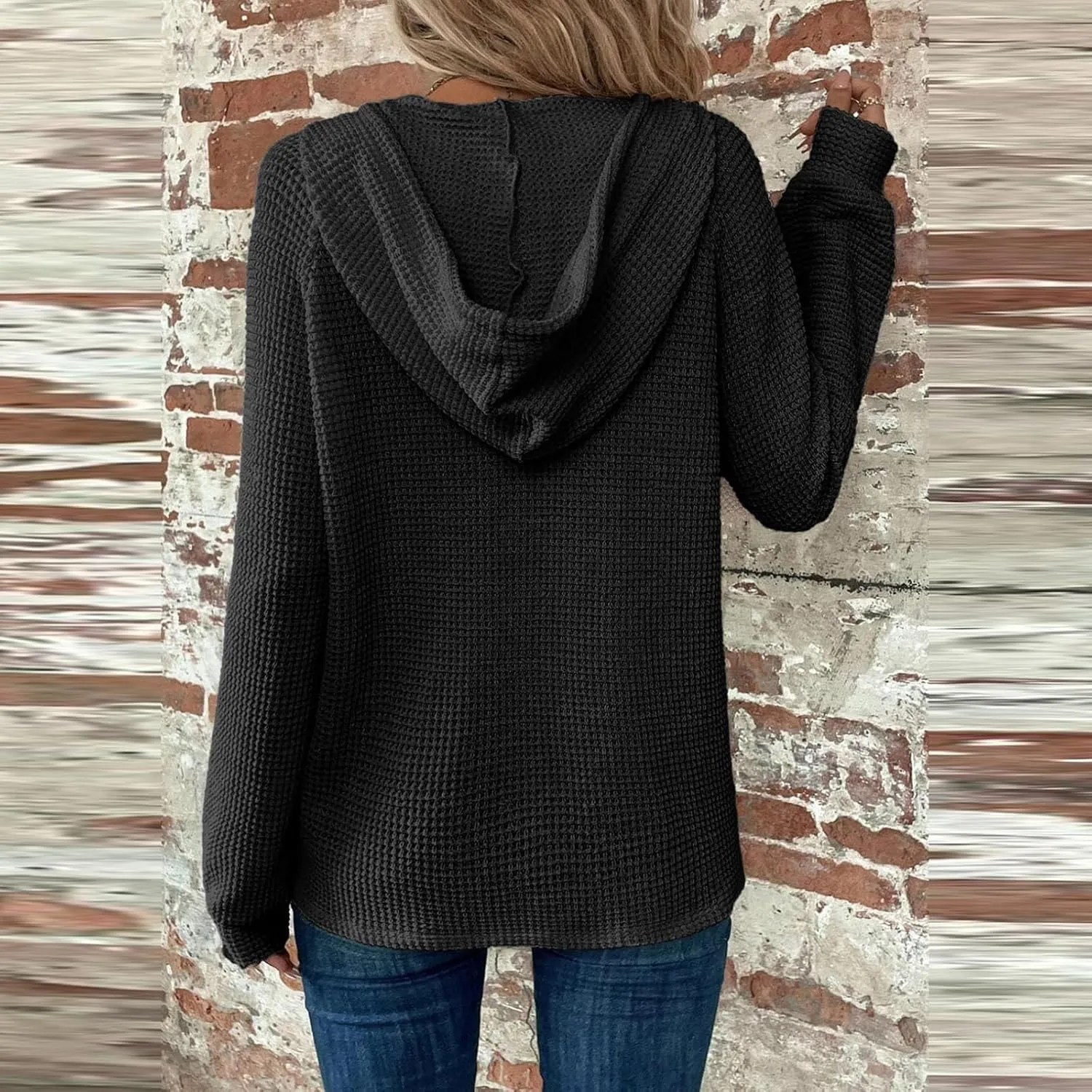 Women's Long Sleeve Waffle Knit Drawstring Hoodies Fashion Button V-Neck Casual Hooded Sweatshirts Fall Trendy Outfits
