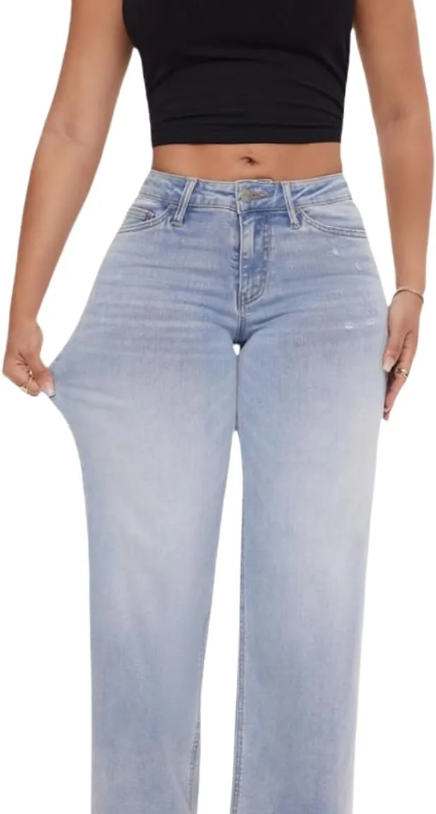 Womens Mid-Low Rise Baggy Jeans Wide Leg for Women Distressed Pants Stretchy Plus Size Bottom Minimalist Denim