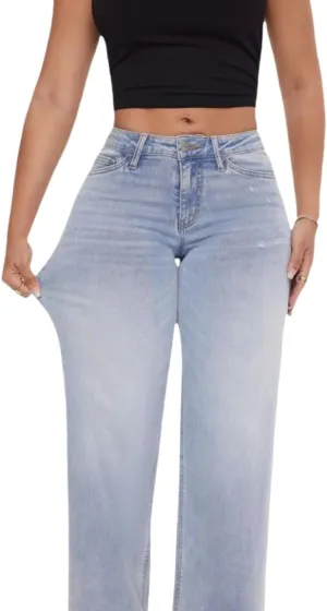 Womens Mid-Low Rise Baggy Jeans Wide Leg for Women Distressed Pants Stretchy Plus Size Bottom Minimalist Denim