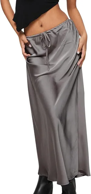 Women's Satin Maxi Skirts High Waist Silk Elegant Flowy Casual A-Line Long Skirt Cocktail Party Weekend Midi Skirt