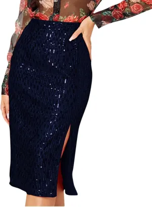 Women's Sequin Skirt Midi High Waist Elegant Stretchy Sparkle Side Slit Pencil Skirt Party Cocktail Bodycon Skirts