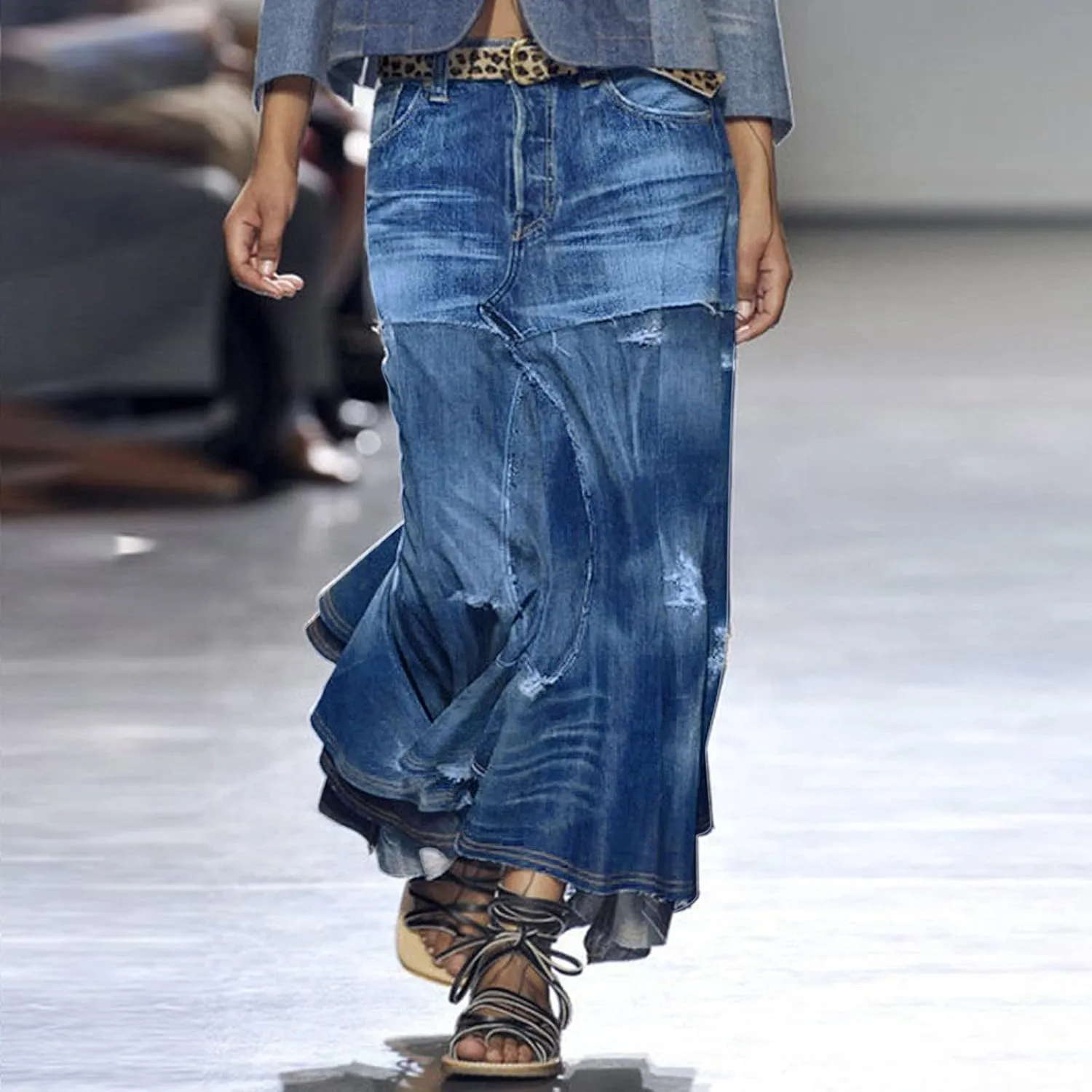 Womens Skirt High Waisted Washed Fashion Versatile Denim Long Skirt Midi Length A Line Denim Long Denim Skirts