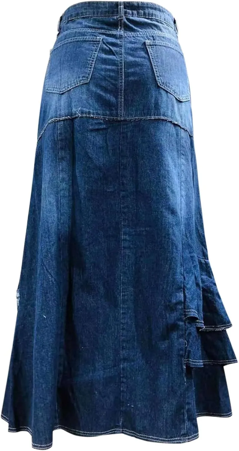 Womens Skirt High Waisted Washed Fashion Versatile Denim Long Skirt Midi Length A Line Denim Long Denim Skirts