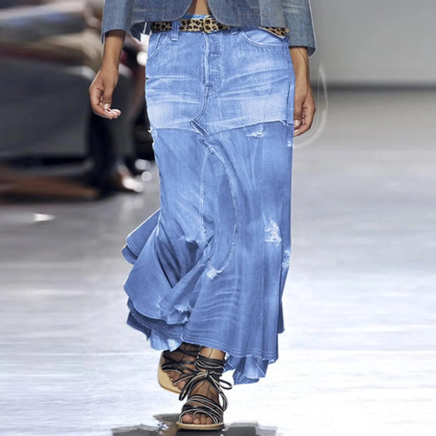 Womens Skirt High Waisted Washed Fashion Versatile Denim Long Skirt Midi Length A Line Denim Midi Skirts for