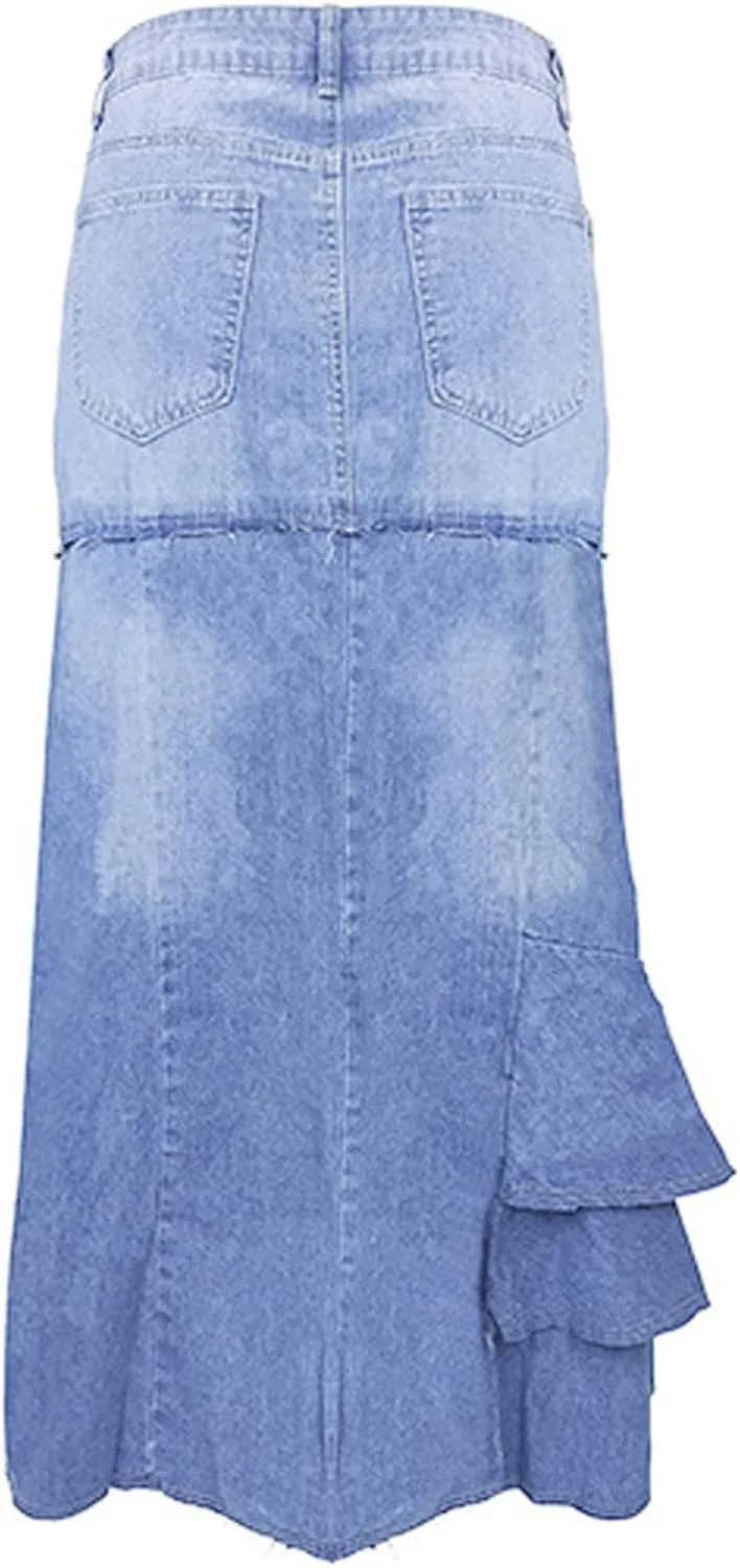 Womens Skirt High Waisted Washed Fashion Versatile Denim Long Skirt Midi Length A Line Denim Midi Skirts for