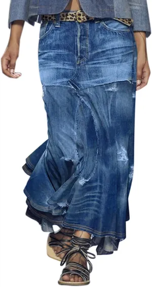 Womens Skirt High Waisted Washed Fashion Versatile Denim Long Skirt Midi Length A Line Denim Midi Skirts for