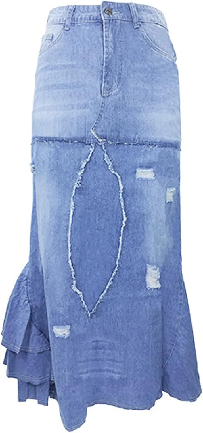 Womens Skirt High Waisted Washed Fashion Versatile Denim Long Skirt Midi Length A Line Denim Midi Skirts for