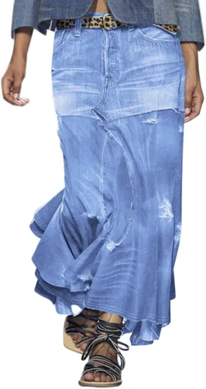 Womens Skirt High Waisted Washed Fashion Versatile Denim Long Skirt Midi Length A Line Denim Midi Skirts for