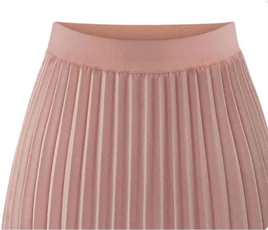 Womens Summer Skirt Elegant Solid Midi Skirt Waist Elastic Pleated Womens Maxi Skirt White Long Skirt