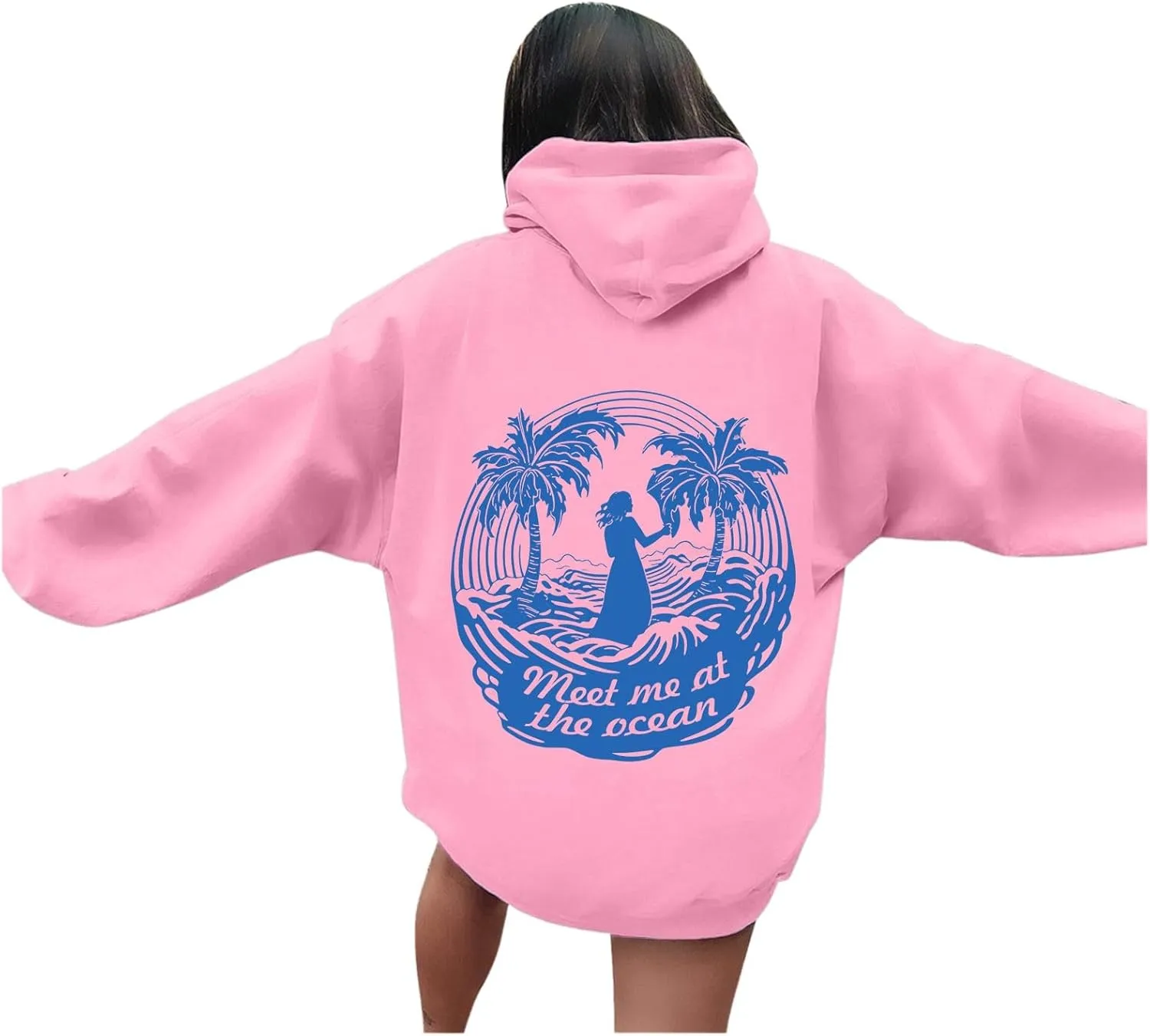 Womens Sweatshirt Pink Graphic Plam Print Puff Hoodie Casual Long Sleeve Pullover Shirts Teen Girls Y2K Fall Outfits