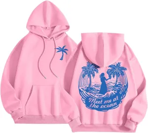 Womens Sweatshirt Pink Graphic Plam Print Puff Hoodie Casual Long Sleeve Pullover Shirts Teen Girls Y2K Fall Outfits