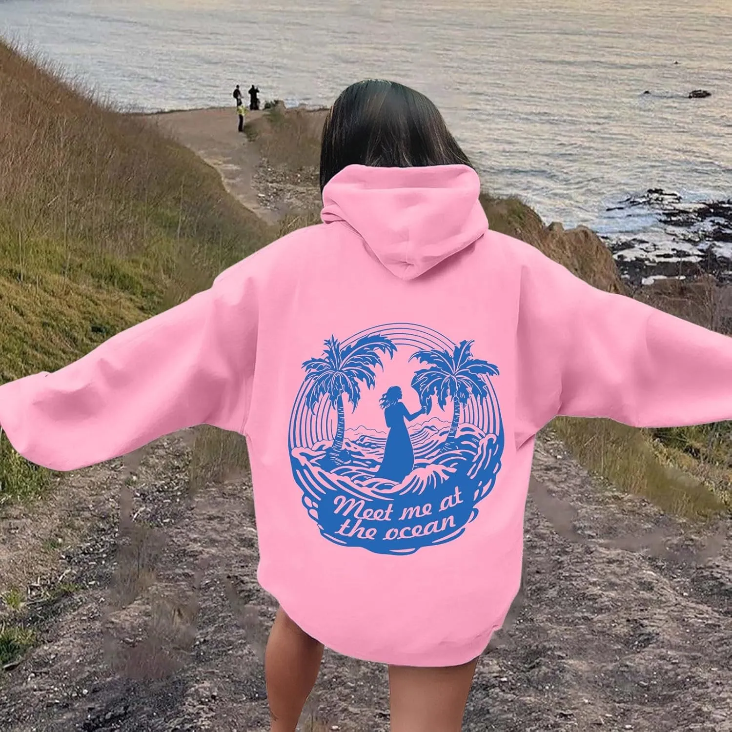 Womens Sweatshirt Pink Graphic Plam Print Puff Hoodie Casual Long Sleeve Pullover Shirts Teen Girls Y2K Fall Outfits
