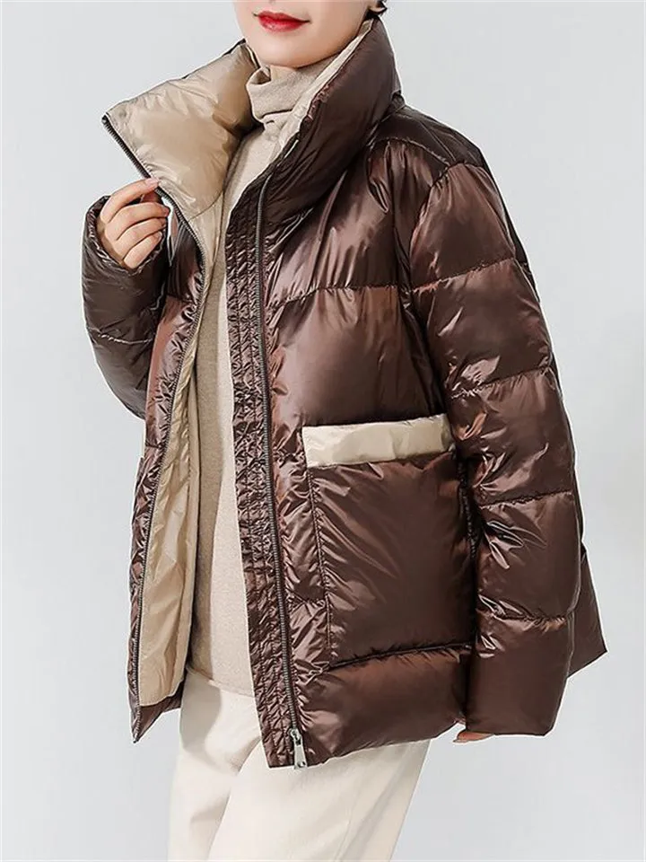 Women's Trendy Stand Collar Contrast Color Puffy Down Coat