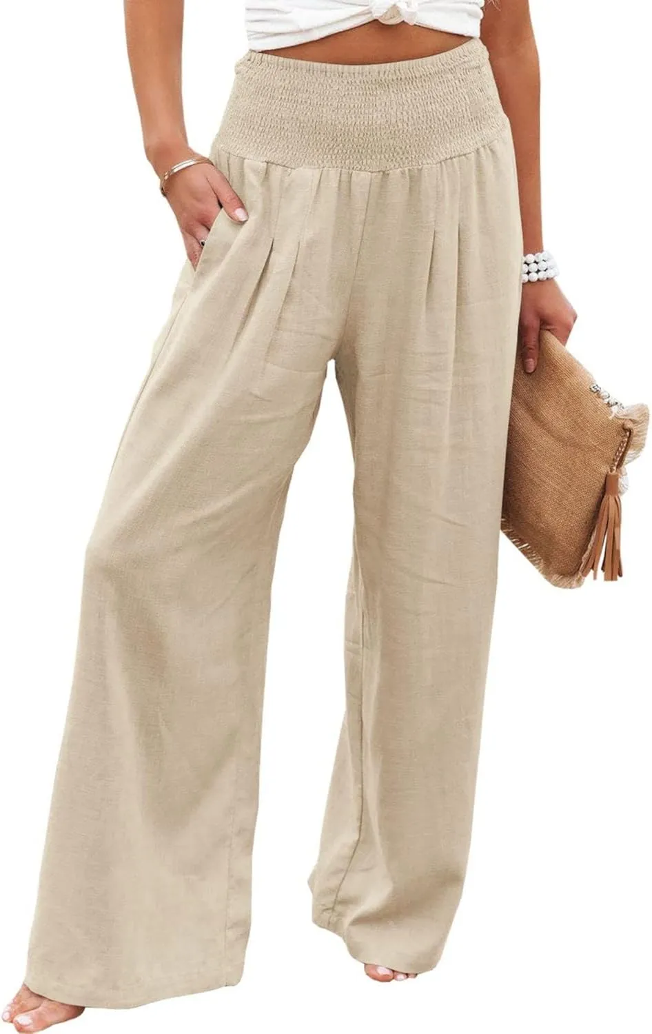 Women's Waist Wide Leg Loose Cotton Linen Palazzo Pants High Waisted Trousers Casual Flowy Pants with Pockets