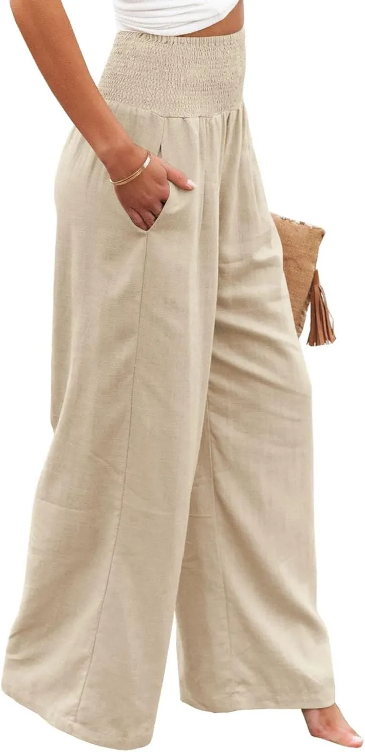 Women's Waist Wide Leg Loose Cotton Linen Palazzo Pants High Waisted Trousers Casual Flowy Pants with Pockets