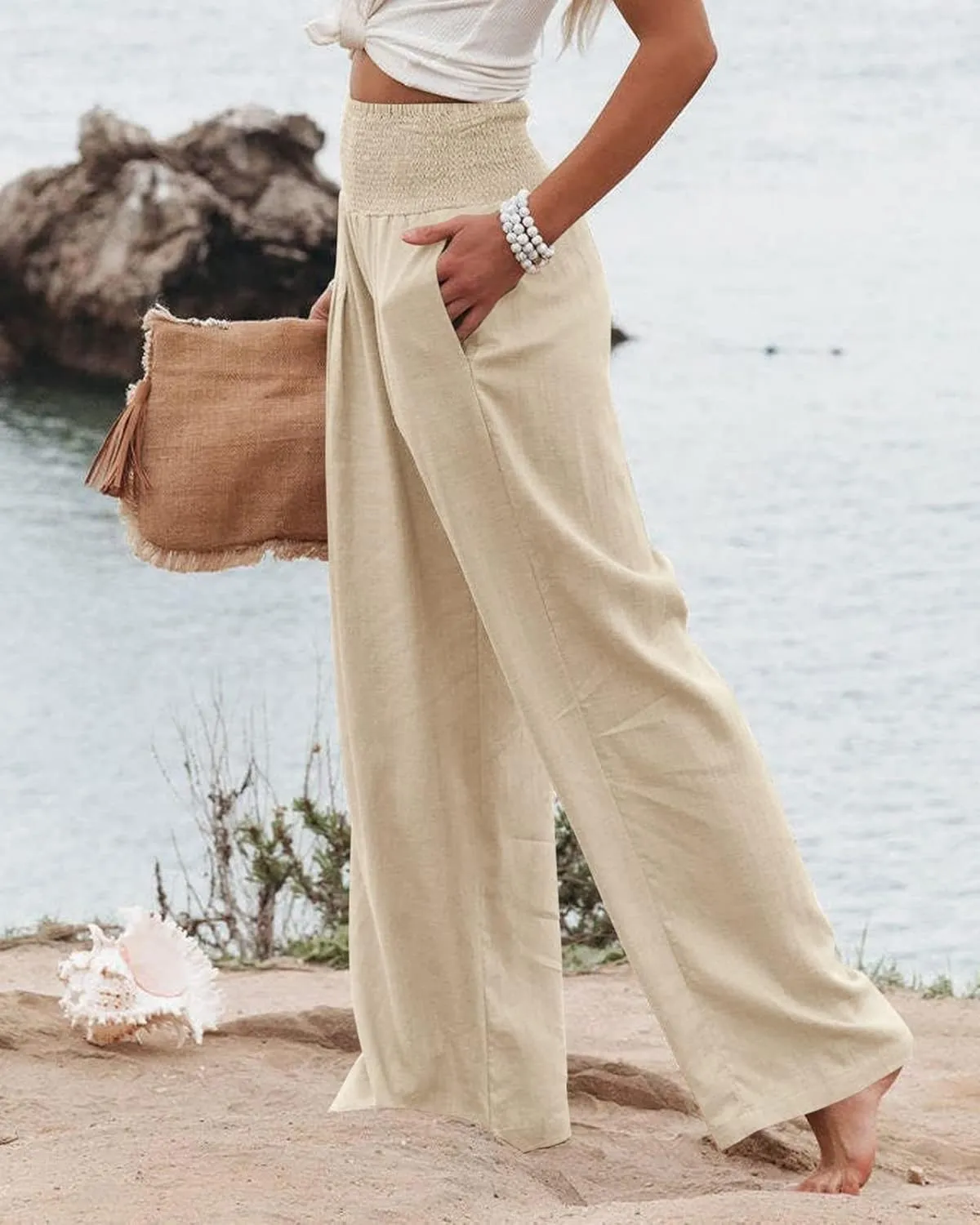 Women's Waist Wide Leg Loose Cotton Linen Palazzo Pants High Waisted Trousers Casual Flowy Pants with Pockets