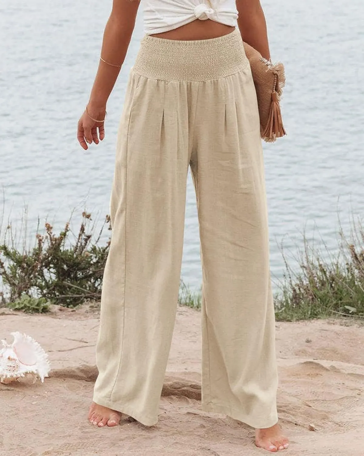 Women's Waist Wide Leg Loose Cotton Linen Palazzo Pants High Waisted Trousers Casual Flowy Pants with Pockets
