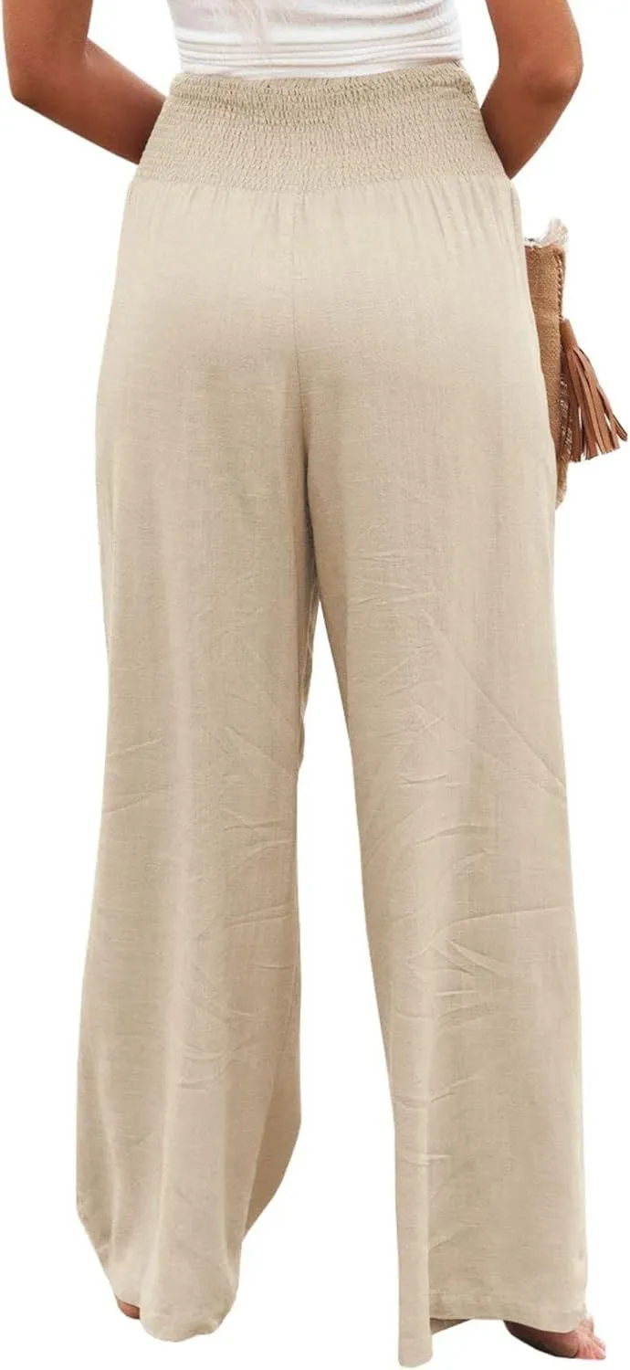 Women's Waist Wide Leg Loose Cotton Linen Palazzo Pants High Waisted Trousers Casual Flowy Pants with Pockets