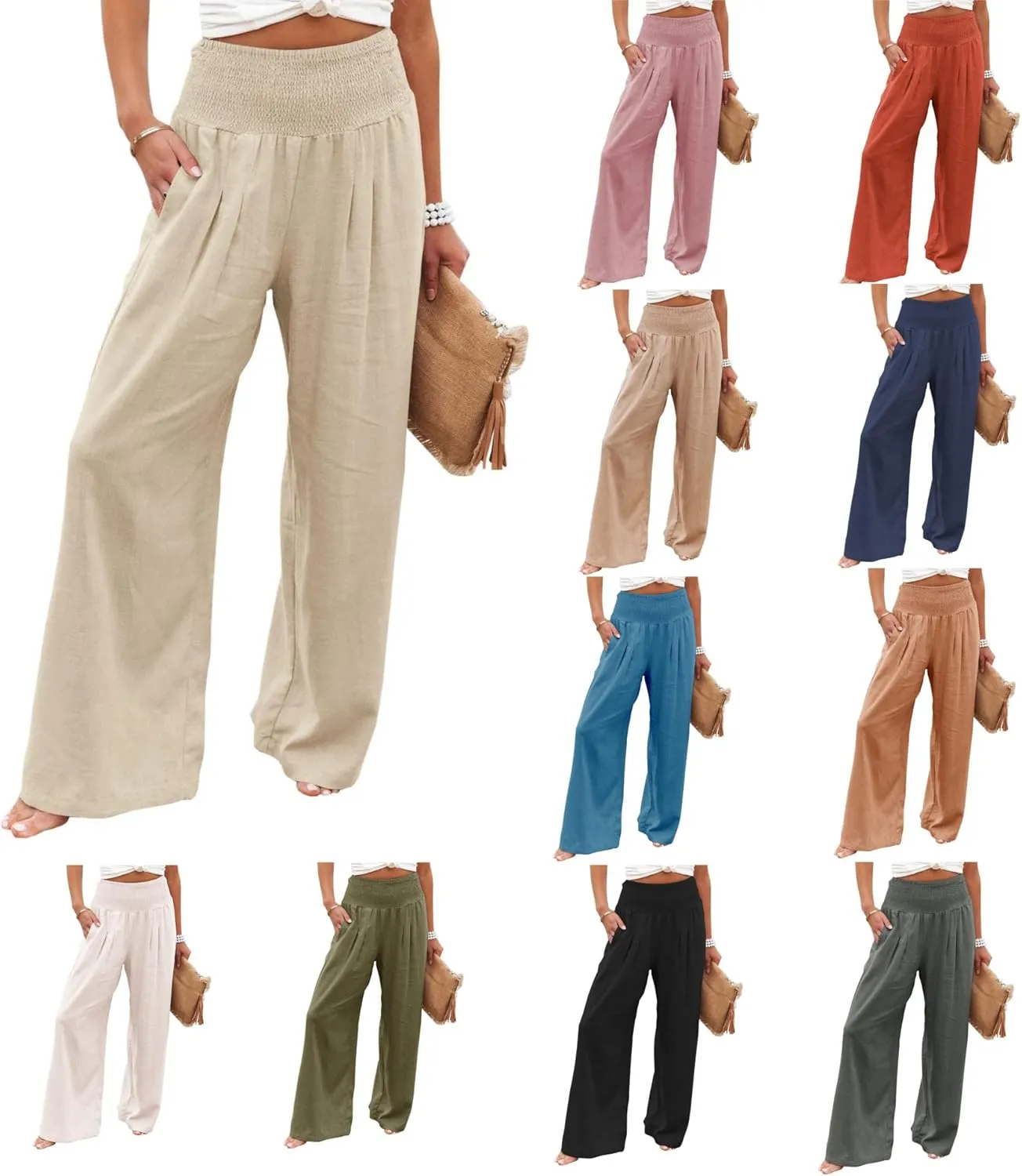 Women's Waist Wide Leg Loose Cotton Linen Palazzo Pants High Waisted Trousers Casual Flowy Pants with Pockets
