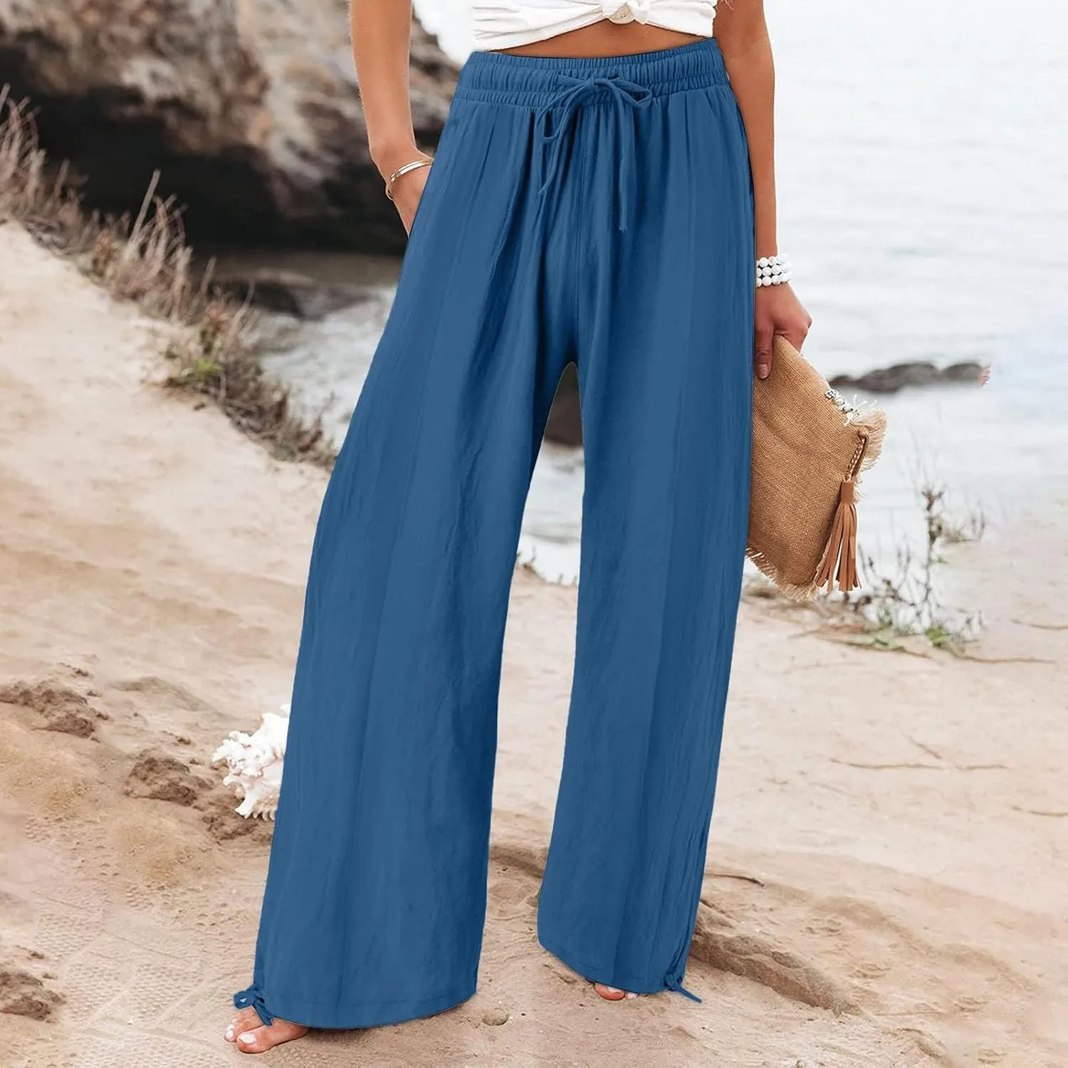 Womens Wide Leg Linen Pants Summer Casual Boho Beach Palazzo Pants Smocked High Waisted Lightweight Flowy Pants