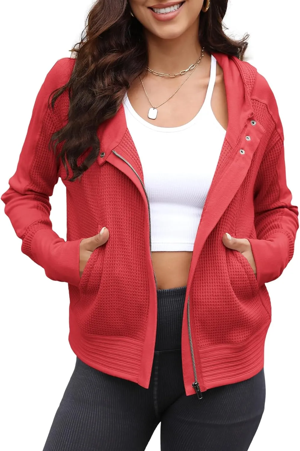 Yanekop Womens Waffle Knit Jackets Zip Up Hoodie Jacket Long Sleeve Cropped Hoodie Fall Outfits Casual Winter Clothes