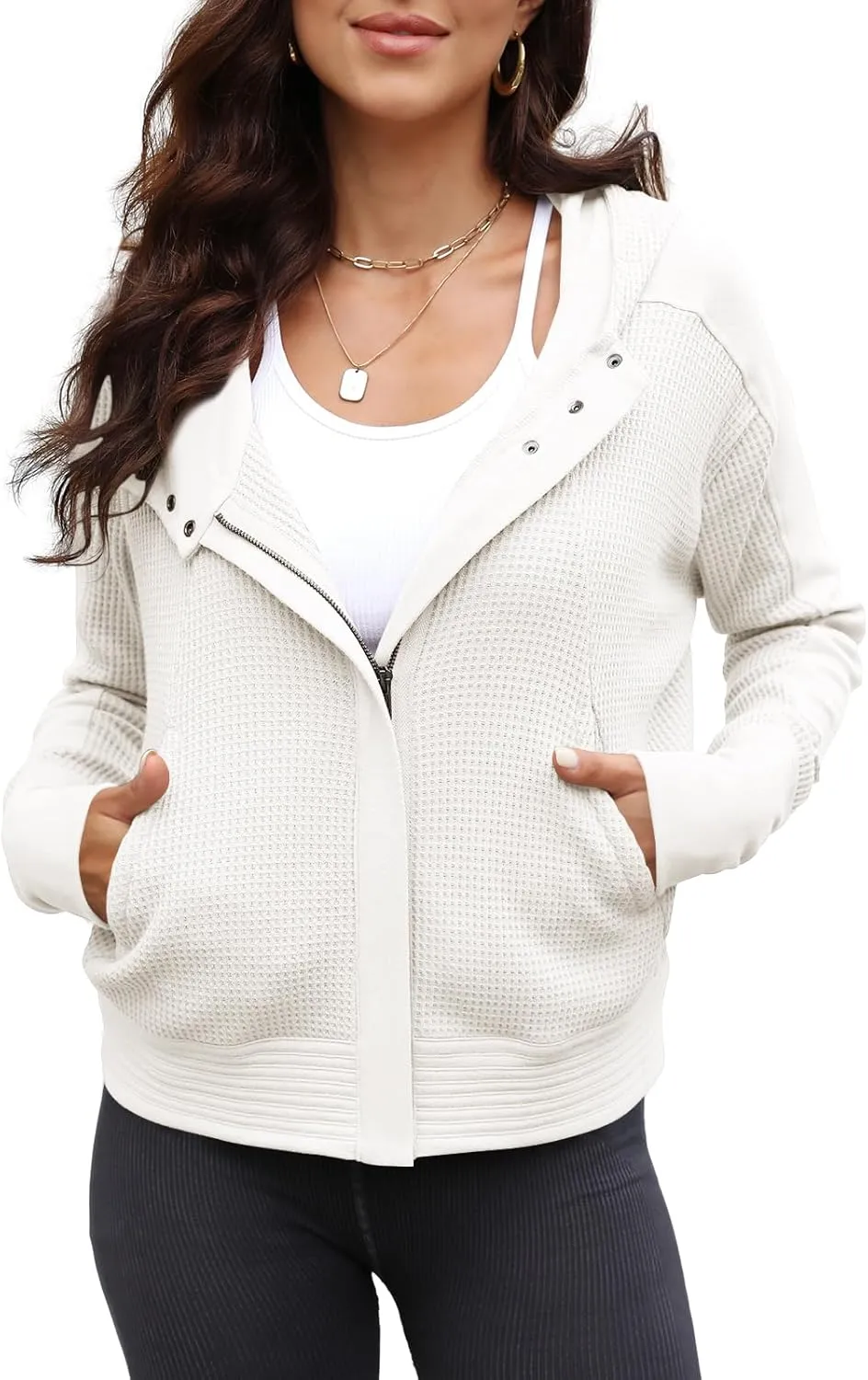 Yanekop Womens Waffle Knit Jackets Zip Up Hoodie Jacket Long Sleeve Cropped Hoodie Fall Outfits Casual Winter Clothes