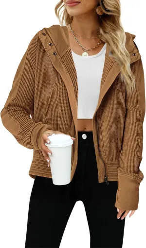 Yanekop Womens Waffle Knit Jackets Zip Up Hoodie Jacket Long Sleeve Cropped Hoodie Fall Outfits Casual Winter Clothes