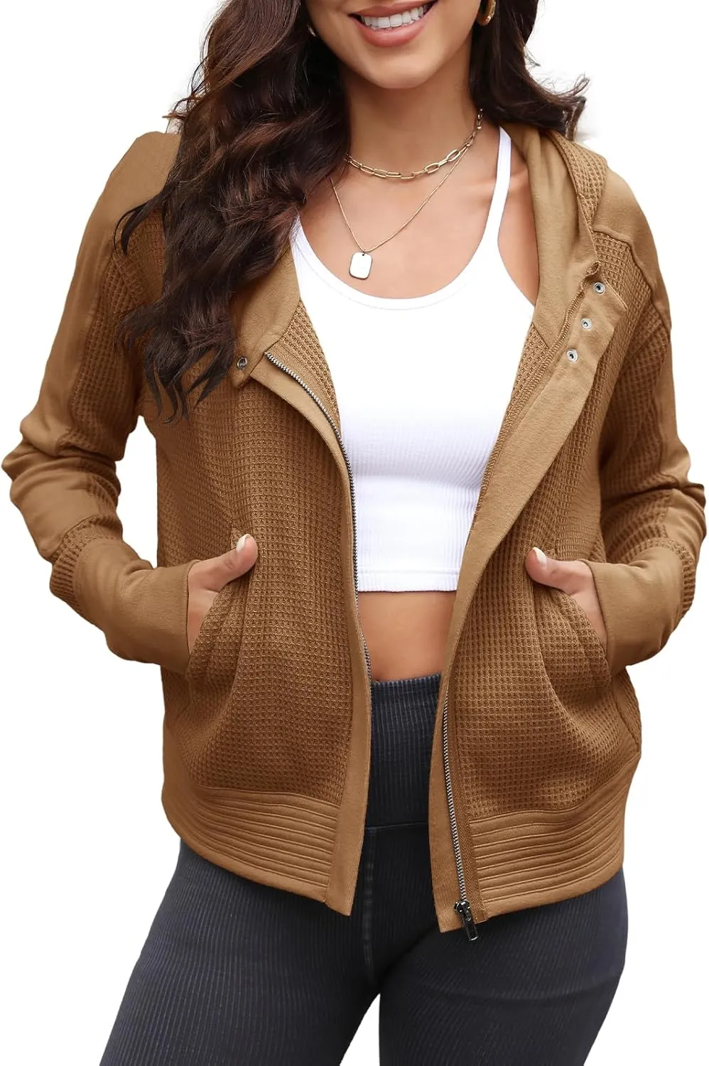 Yanekop Womens Waffle Knit Jackets Zip Up Hoodie Jacket Long Sleeve Cropped Hoodie Fall Outfits Casual Winter Clothes