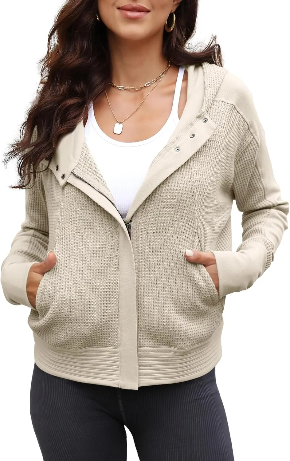 Yanekop Womens Waffle Knit Jackets Zip Up Hoodie Jacket Long Sleeve Cropped Hoodie Fall Outfits Casual Winter Clothes