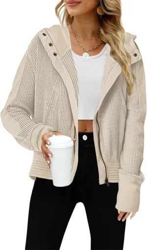 Yanekop Womens Waffle Knit Jackets Zip Up Hoodie Jacket Long Sleeve Cropped Hoodie Fall Outfits Casual Winter Clothes