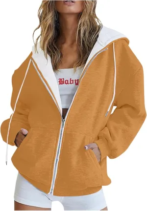 Yesunpxs Womens Zip Up Hoodies Trendy Oversized Casual Long Sleeve Drawstring Hooded Sweatshirts Y2k Drawstring Jacket Coats