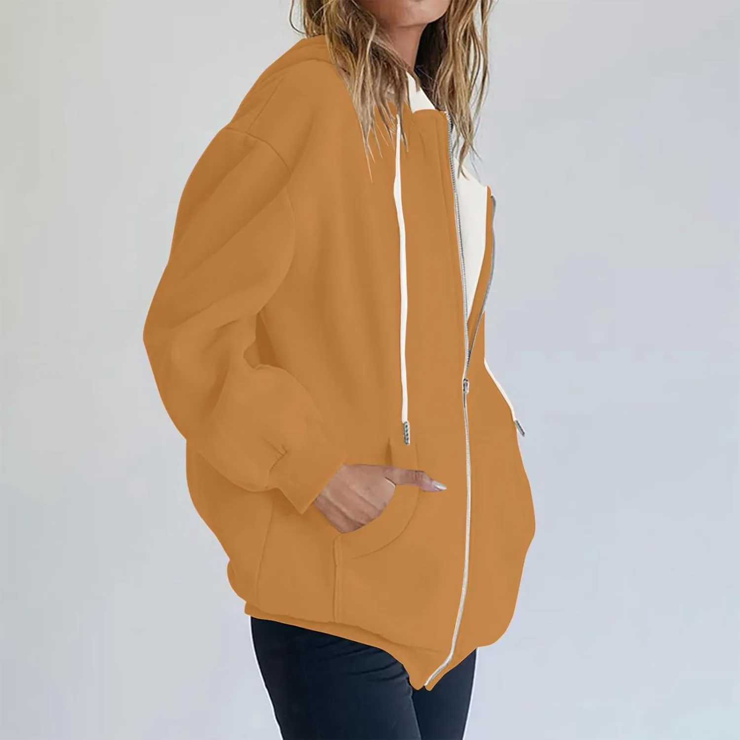 Yesunpxs Womens Zip Up Hoodies Trendy Oversized Casual Long Sleeve Drawstring Hooded Sweatshirts Y2k Drawstring Jacket Coats