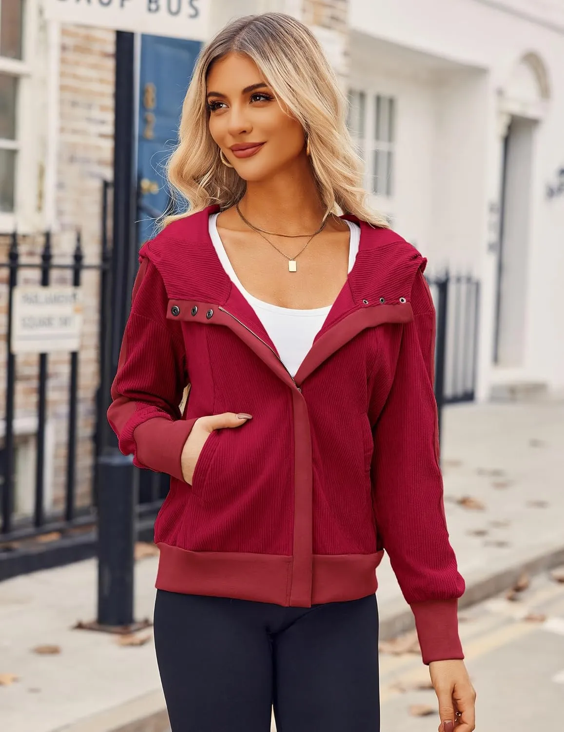 Zeagoo Womens Corduroy Knit Hoodies Zip Up Shirt Jacket Slouchy Short Jackets Casual Long Sleeve Shackets