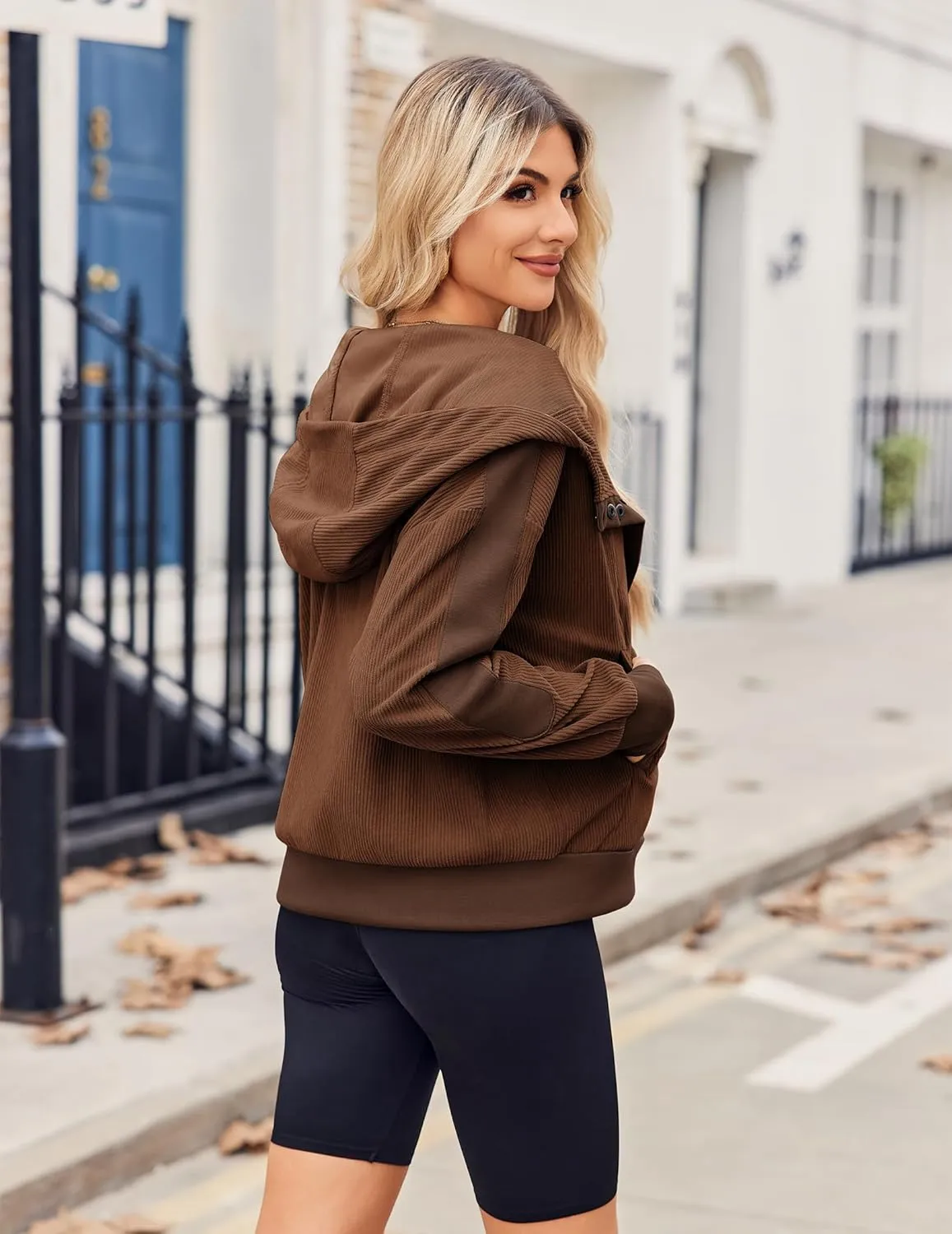 Zeagoo Womens Corduroy Knit Hoodies Zip Up Shirt Jacket Slouchy Short Jackets Casual Long Sleeve Shackets