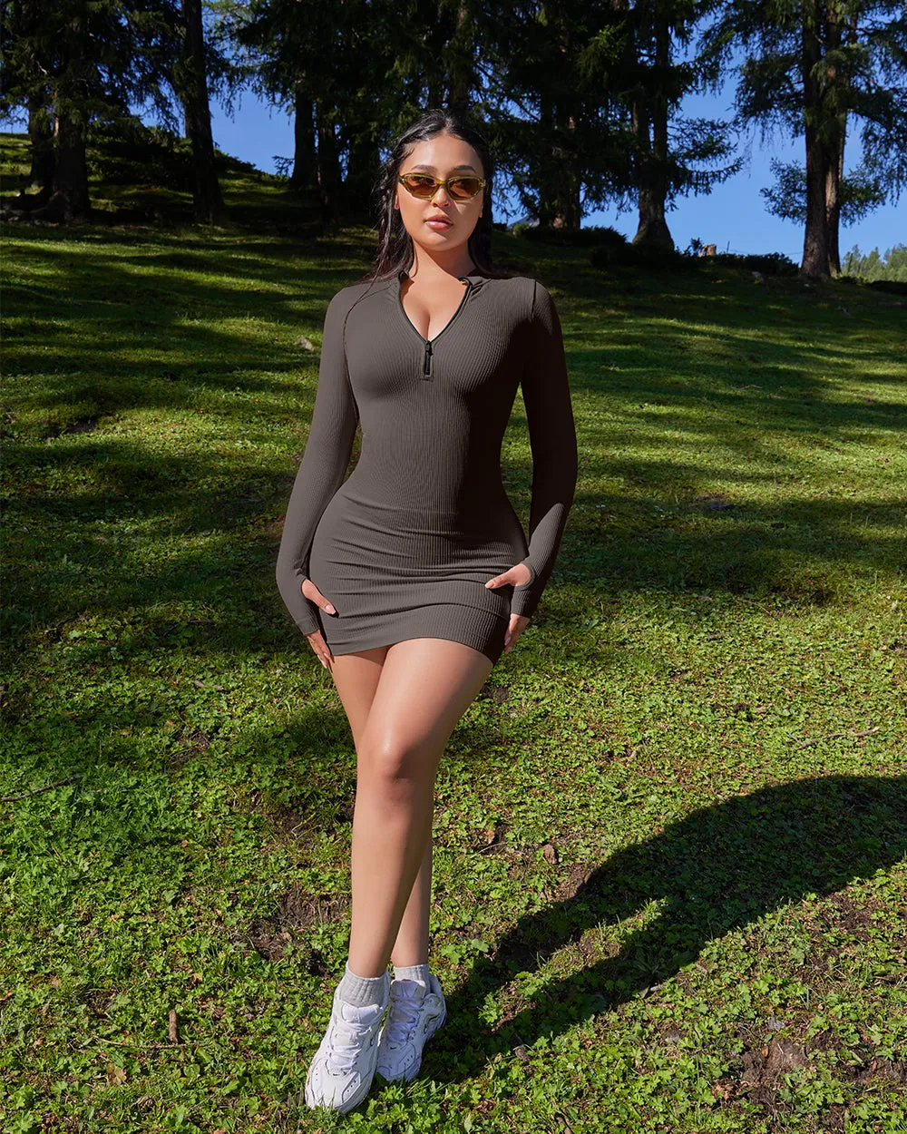 Zip Front Long Sleeve Tops Mini Dress