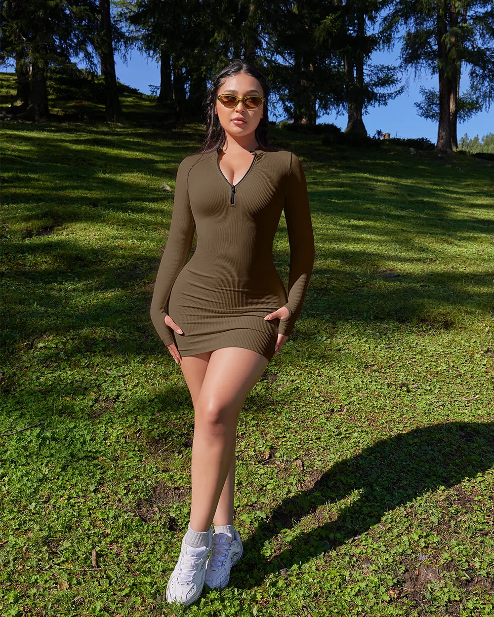 Zip Front Long Sleeve Tops Mini Dress