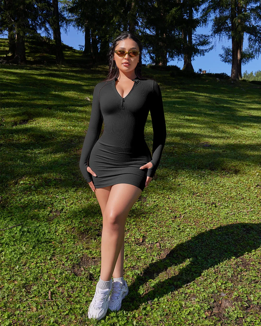 Zip Front Long Sleeve Tops Mini Dress
