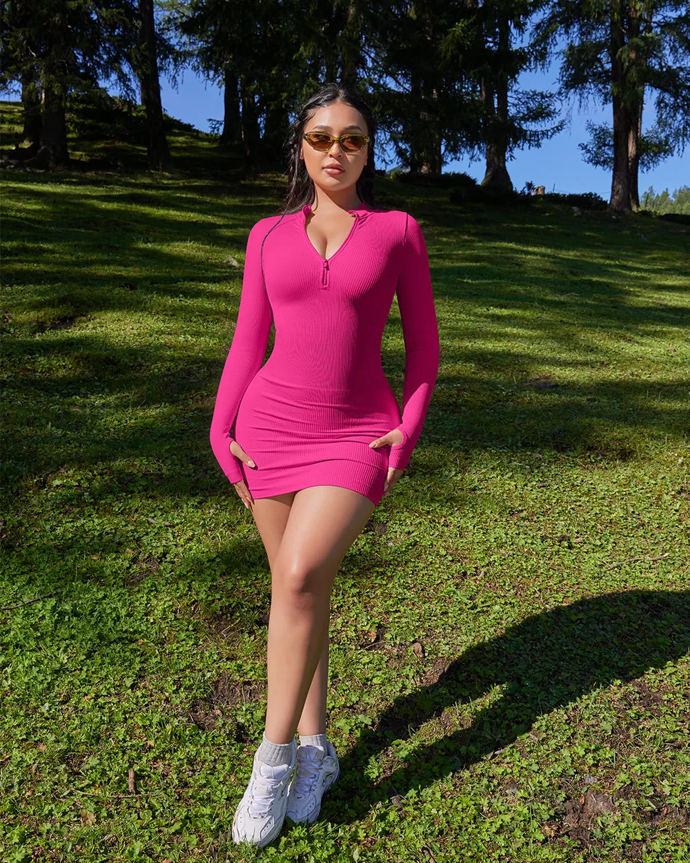 Zip Front Long Sleeve Tops Mini Dress